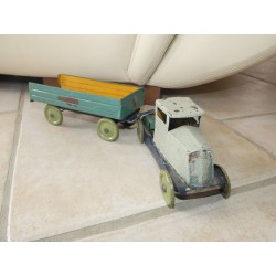 JOUET ANCIEN CAMION EN TOLE AVEC REMORQUE BENNE AVEC CLE MECANIQUE TYPE JRD