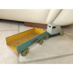 JOUET ANCIEN CAMION EN TOLE AVEC REMORQUE BENNE AVEC CLE MECANIQUE TYPE JRD